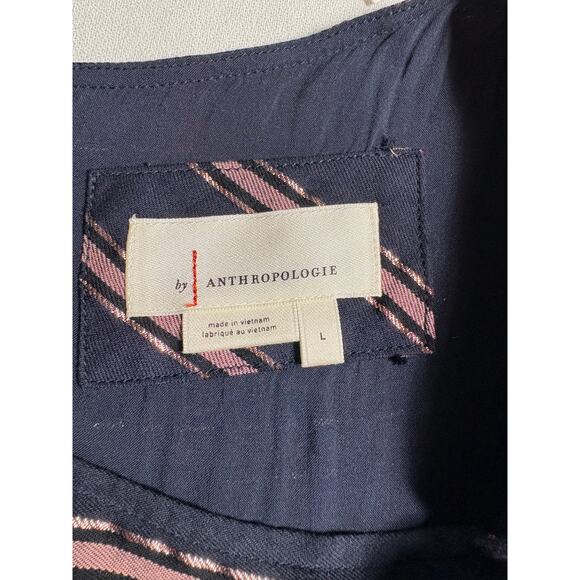 By Anthropologie Navy & Metallic Striped Tie Short Sleeve Peasant Blouse Top L - Picture 6 of 9